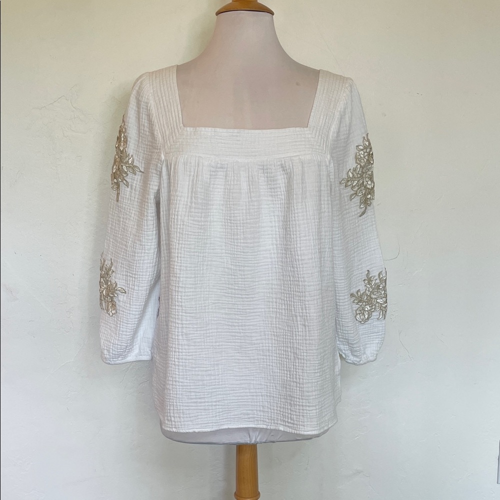 JM Collection Women's Top White Cotton Gauze Floral Embroidery Blouse Sz XL